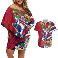 Hawaii Runner-Kakau Art with Lei and Plumeria Couples Matching Off Shoulder Short Dress and Hawaiian Shirt