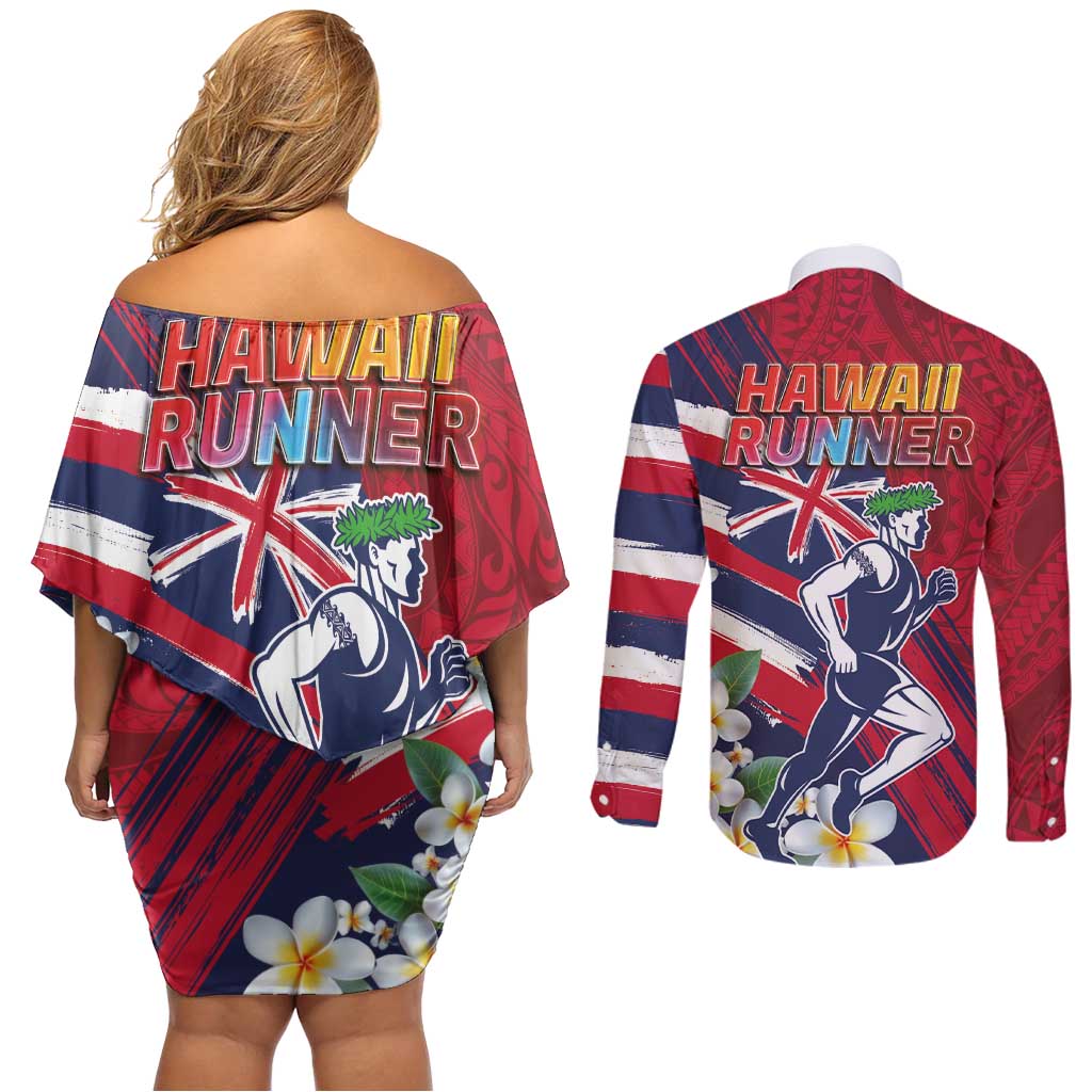 Hawaii Runner-Kakau Art with Lei and Plumeria Couples Matching Off Shoulder Short Dress and Long Sleeve Button Shirt