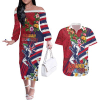 Hawaii Runner-Kakau Art with Lei and Plumeria Couples Matching Off The Shoulder Long Sleeve Dress and Hawaiian Shirt