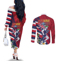 Hawaii Runner-Kakau Art with Lei and Plumeria Couples Matching Off The Shoulder Long Sleeve Dress and Long Sleeve Button Shirt