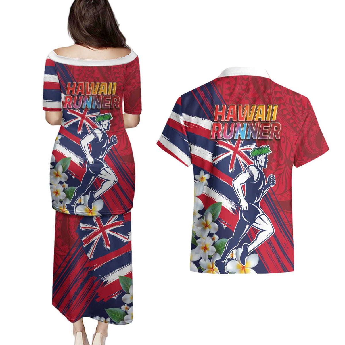Hawaii Runner-Kakau Art with Lei and Plumeria Couples Matching Puletasi and Hawaiian Shirt