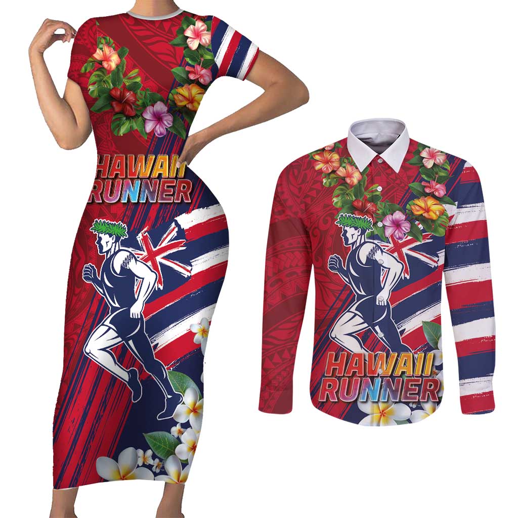 Hawaii Runner-Kakau Art with Lei and Plumeria Couples Matching Short Sleeve Bodycon Dress and Long Sleeve Button Shirt