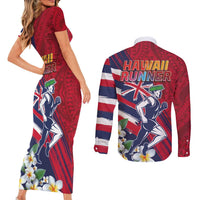 Hawaii Runner-Kakau Art with Lei and Plumeria Couples Matching Short Sleeve Bodycon Dress and Long Sleeve Button Shirt