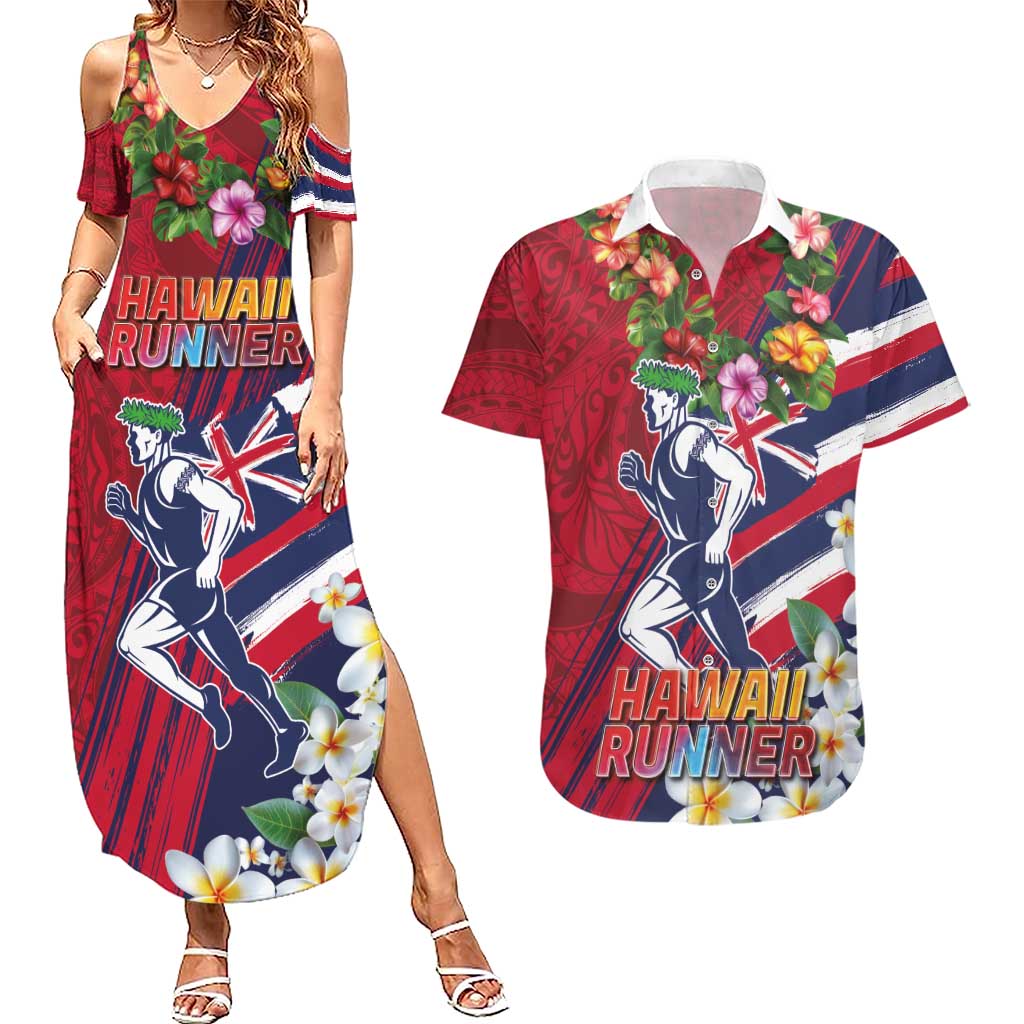 Hawaii Runner-Kakau Art with Lei and Plumeria Couples Matching Summer Maxi Dress and Hawaiian Shirt