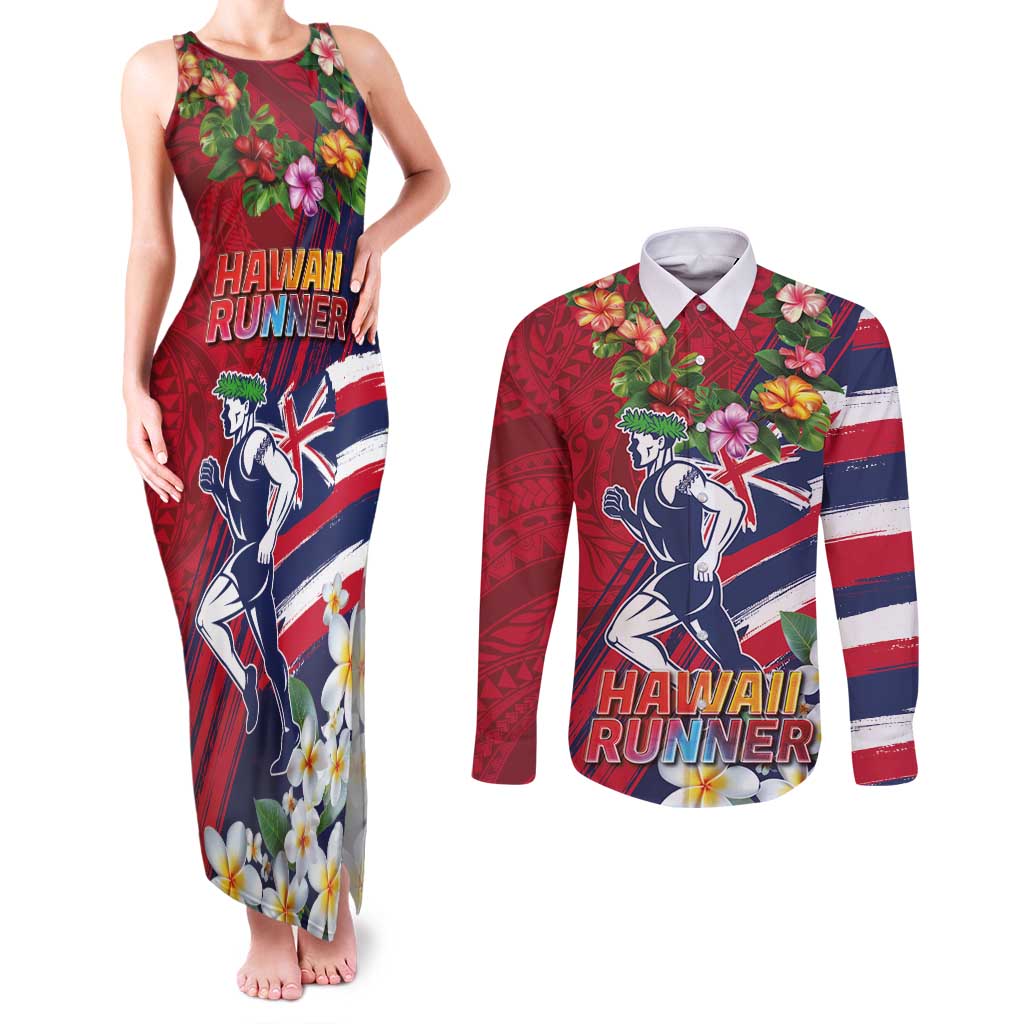 Hawaii Runner-Kakau Art with Lei and Plumeria Couples Matching Tank Maxi Dress and Long Sleeve Button Shirt
