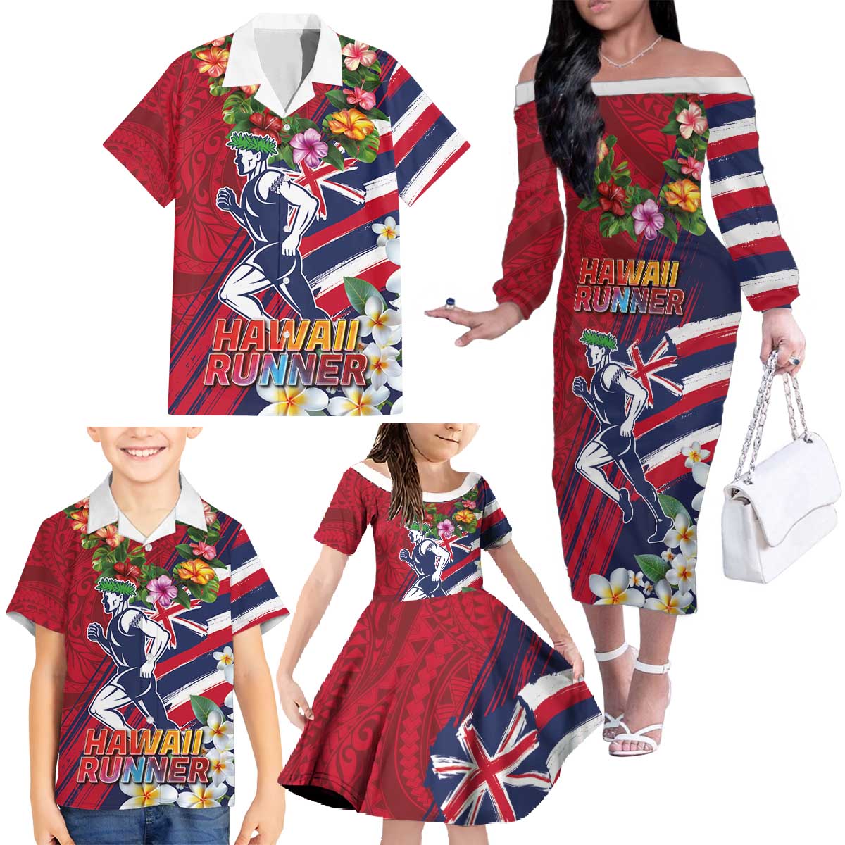 Hawaii Runner-Kakau Art with Lei and Plumeria Family Matching Off The Shoulder Long Sleeve Dress and Hawaiian Shirt