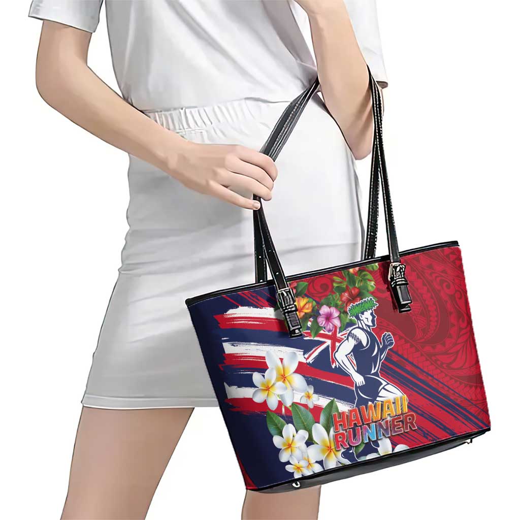 Hawaii Runner-Kakau Art with Lei and Plumeria Leather Tote Bag