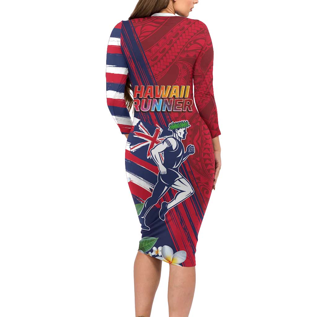 Hawaii Runner-Kakau Art with Lei and Plumeria Long Sleeve Bodycon Dress