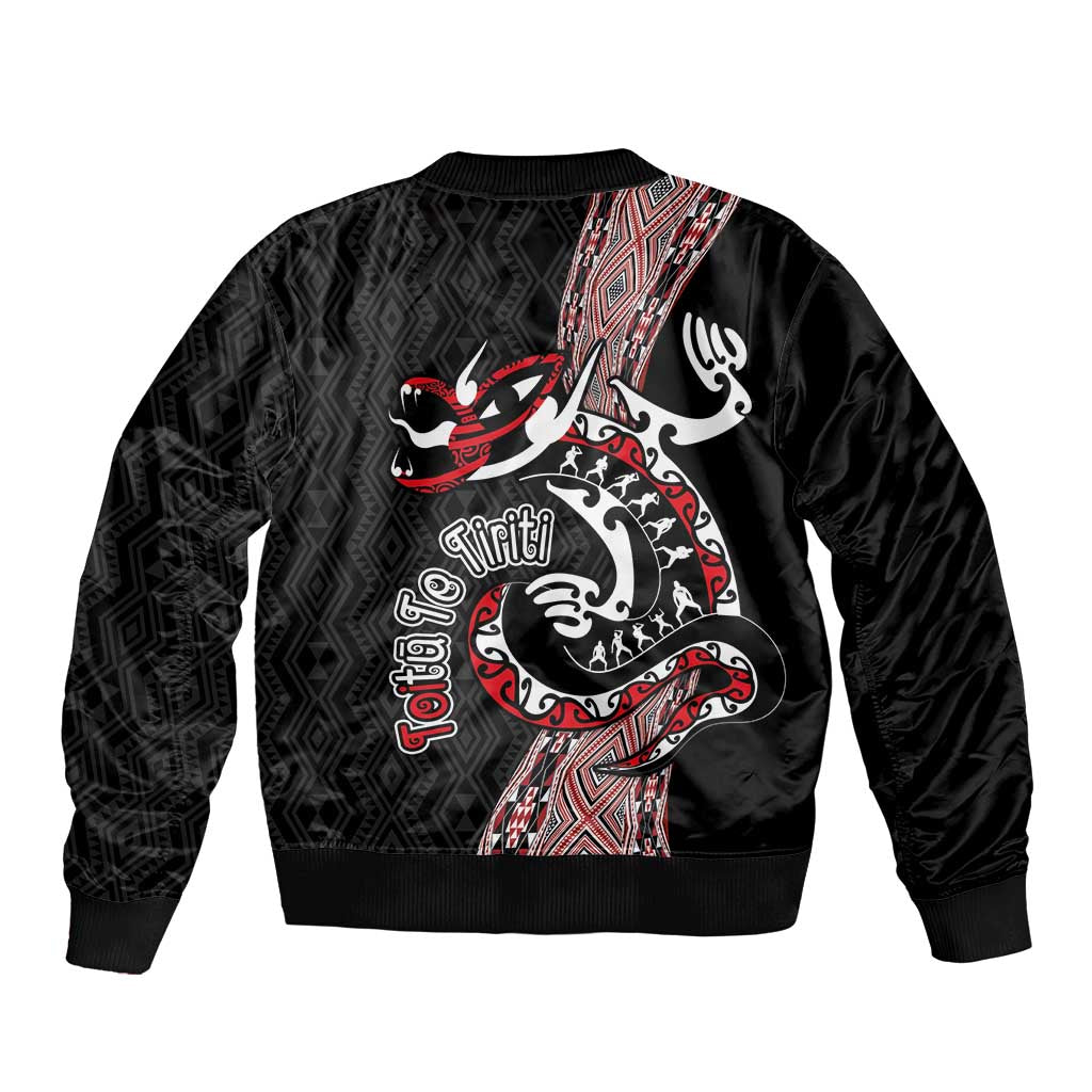 Aotearoa Toitu Te Tiriti Taniko Bomber Jacket Maori Taniwha Haka - Honour the Treaty