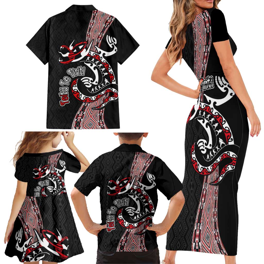 Aotearoa Toitu Te Tiriti Taniko Family Matching Short Sleeve Bodycon Dress and Hawaiian Shirt Maori Taniwha Haka - Honour the Treaty