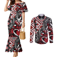 Aotearoa Maori Moko Art with Taniko Half Style Couples Matching Mermaid Dress and Long Sleeve Button Shirt