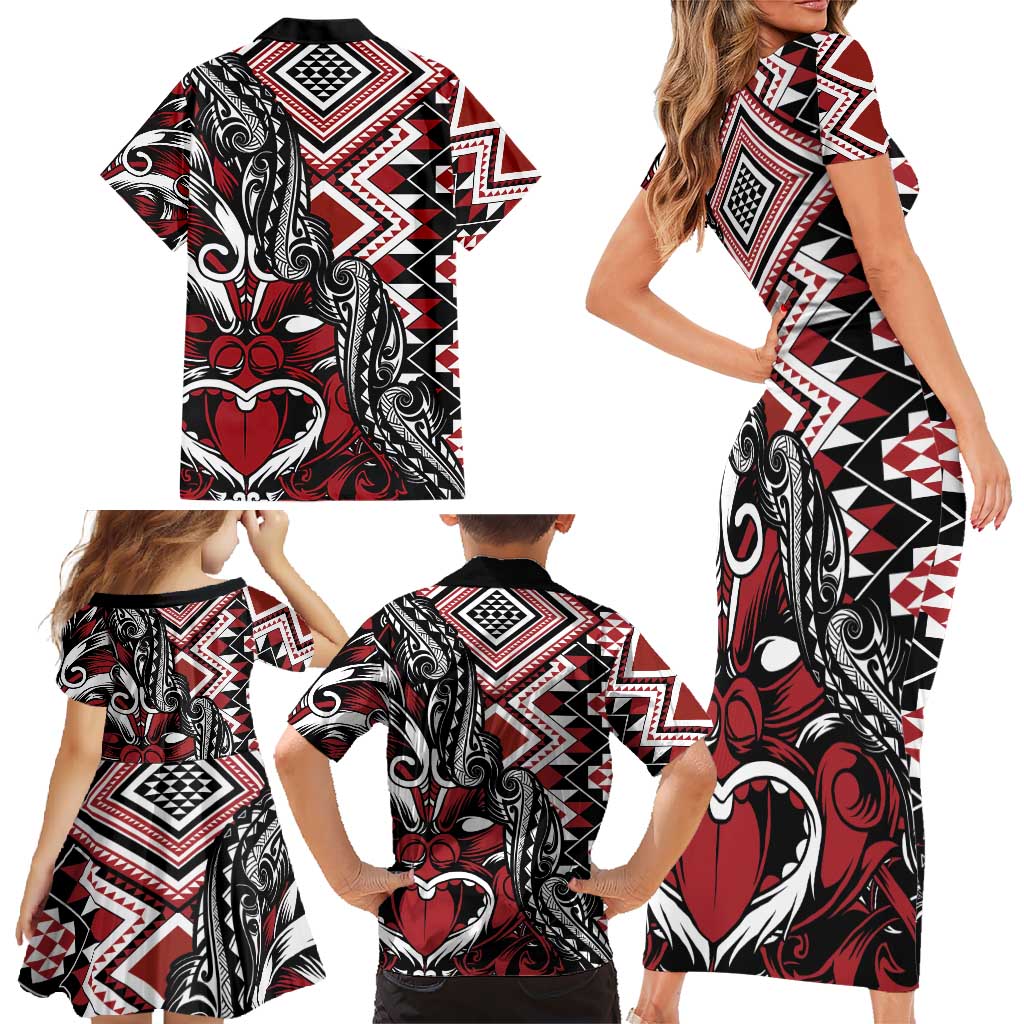Aotearoa Maori Moko Art with Taniko Half Style Family Matching Short Sleeve Bodycon Dress and Hawaiian Shirt