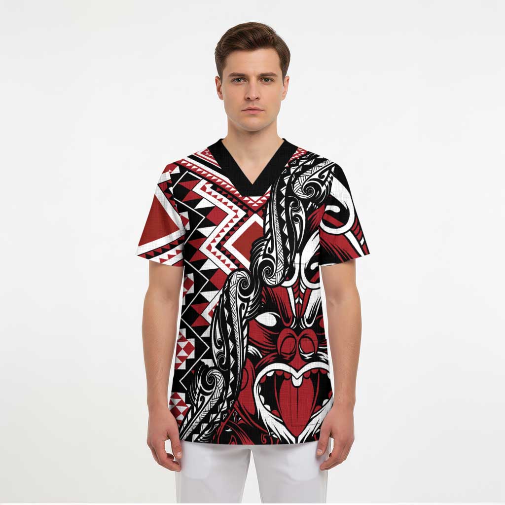 Aotearoa Maori Moko Art with Taniko Half Style Scrub Top - Polynesian Pride