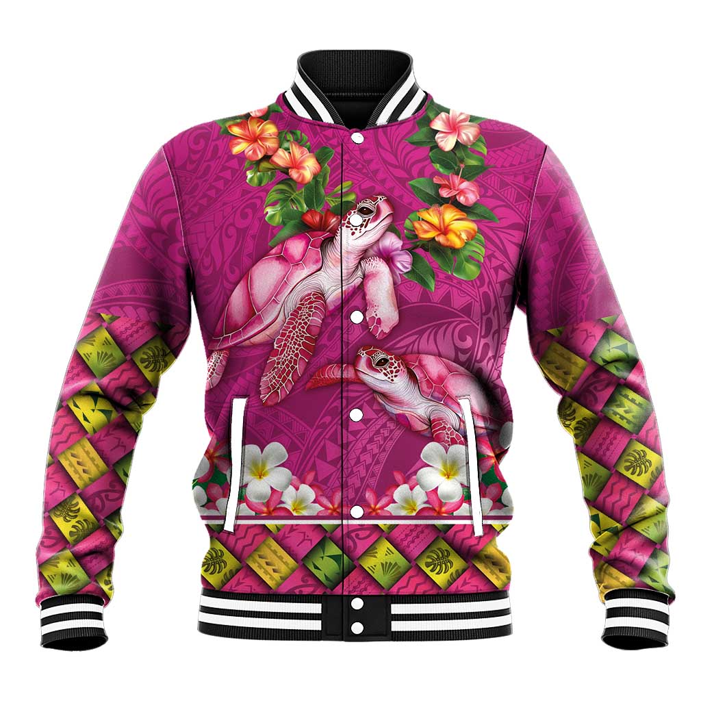 Hawaiian Lei Turtle and Plumeria Baseball Jacket Polynerian Art Tattoo-Plum Pink Color