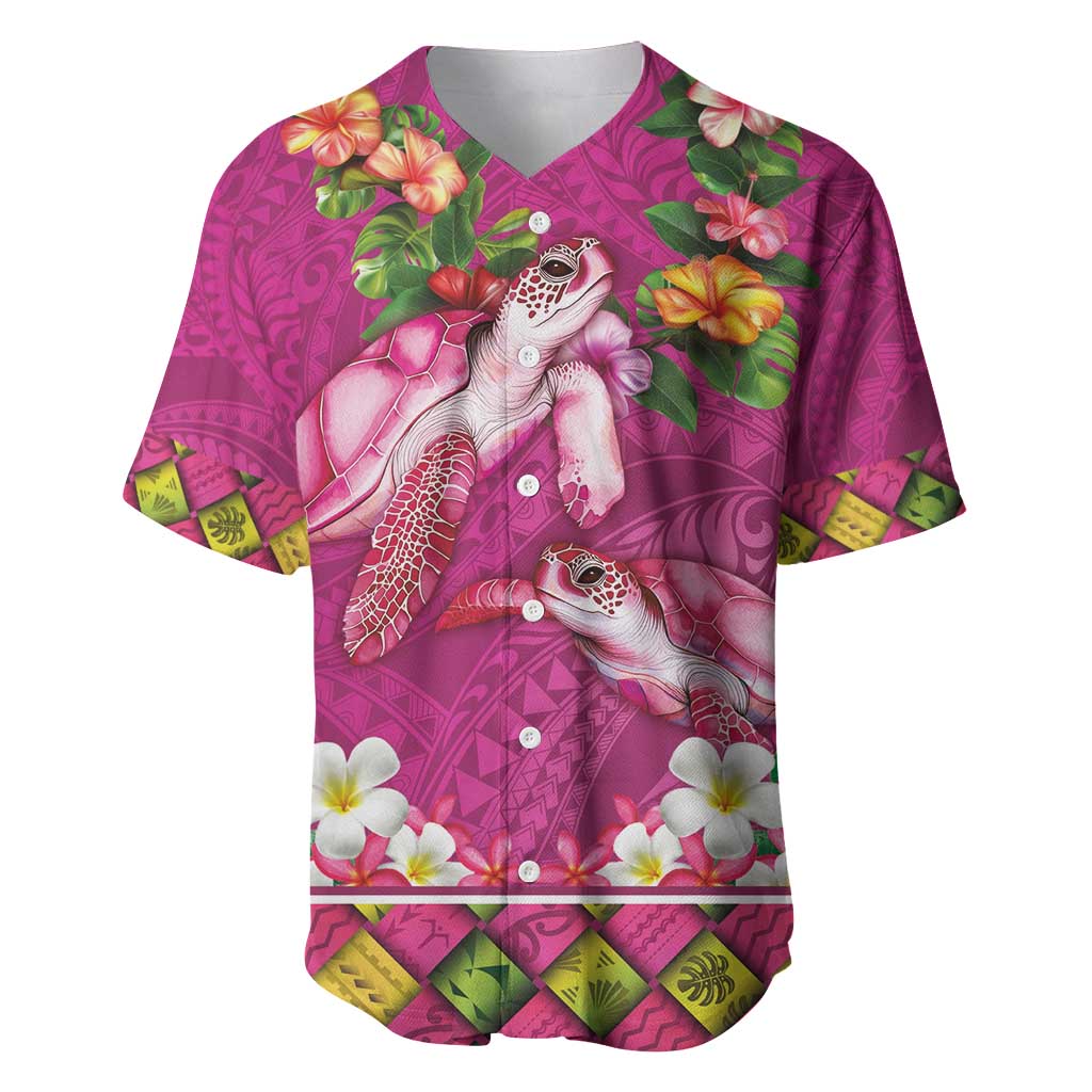 Hawaiian Lei Turtle and Plumeria Baseball Jersey Polynerian Art Tattoo-Plum Pink Color