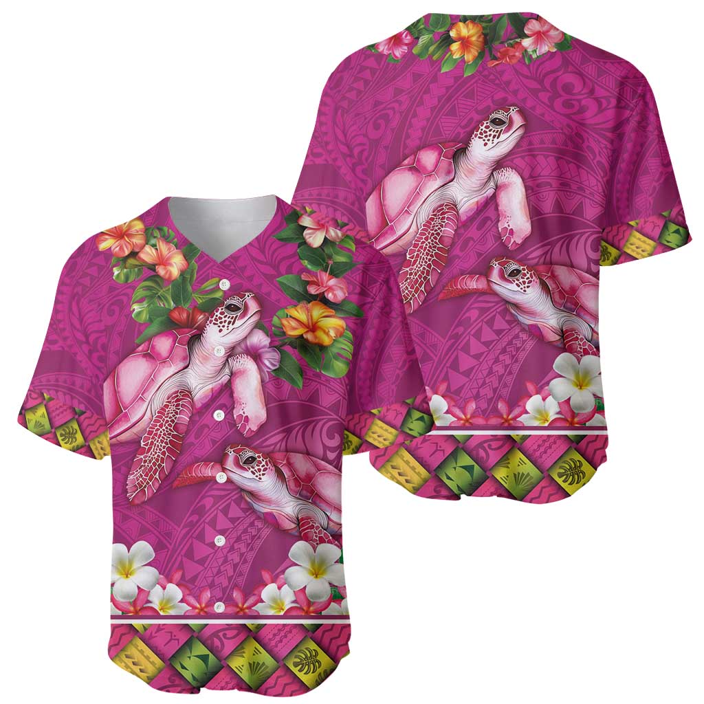 Hawaiian Lei Turtle and Plumeria Baseball Jersey Polynerian Art Tattoo-Plum Pink Color