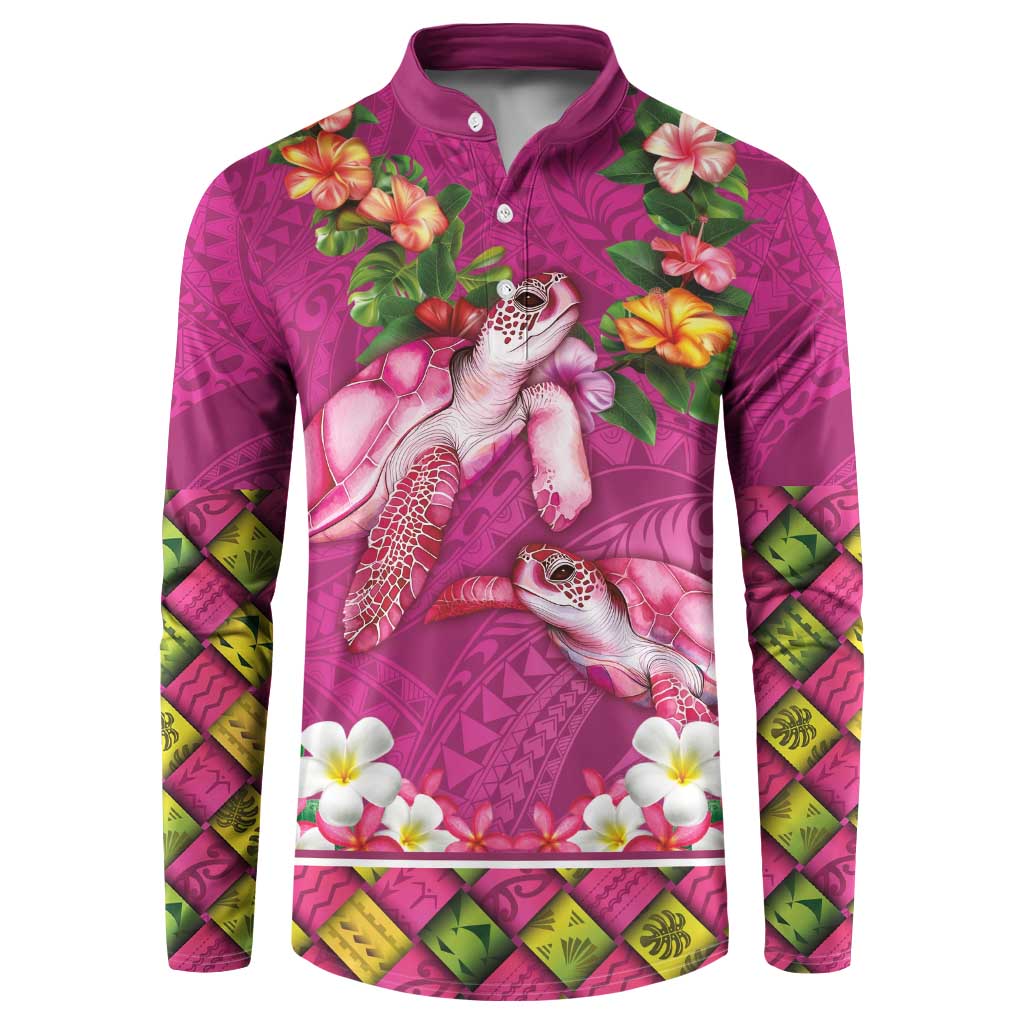 Hawaiian Lei Turtle and Plumeria Button Sweatshirt Polynerian Art Tattoo-Plum Pink Color