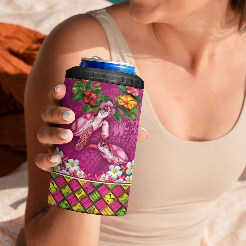 Hawaiian Lei Turtle and Plumeria 4 in 1 Can Cooler Tumbler Polynerian Art Tattoo-Plum Pink Color