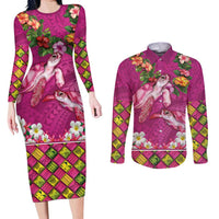 Hawaiian Lei Turtle and Plumeria Couples Matching Long Sleeve Bodycon Dress and Long Sleeve Button Shirt Polynerian Art Tattoo-Plum Pink Color