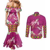Hawaiian Lei Turtle and Plumeria Couples Matching Mermaid Dress and Long Sleeve Button Shirt Polynerian Art Tattoo-Plum Pink Color