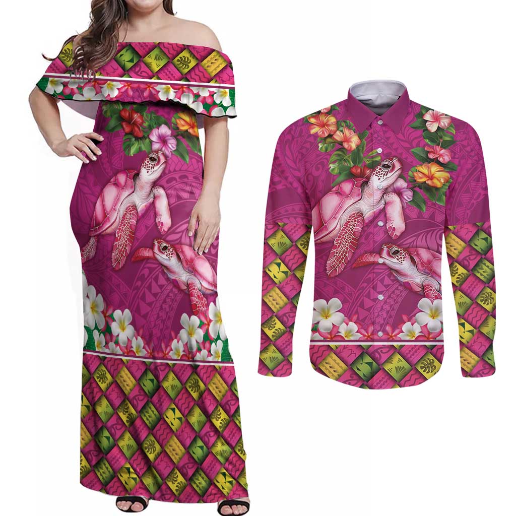 Hawaiian Lei Turtle and Plumeria Couples Matching Off Shoulder Maxi Dress and Long Sleeve Button Shirt Polynerian Art Tattoo-Plum Pink Color