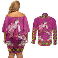 Hawaiian Lei Turtle and Plumeria Couples Matching Off Shoulder Short Dress and Long Sleeve Button Shirt Polynerian Art Tattoo-Plum Pink Color