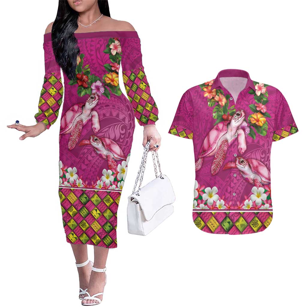 Hawaiian Lei Turtle and Plumeria Couples Matching Off The Shoulder Long Sleeve Dress and Hawaiian Shirt Polynerian Art Tattoo-Plum Pink Color