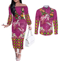 Hawaiian Lei Turtle and Plumeria Couples Matching Off The Shoulder Long Sleeve Dress and Long Sleeve Button Shirt Polynerian Art Tattoo-Plum Pink Color