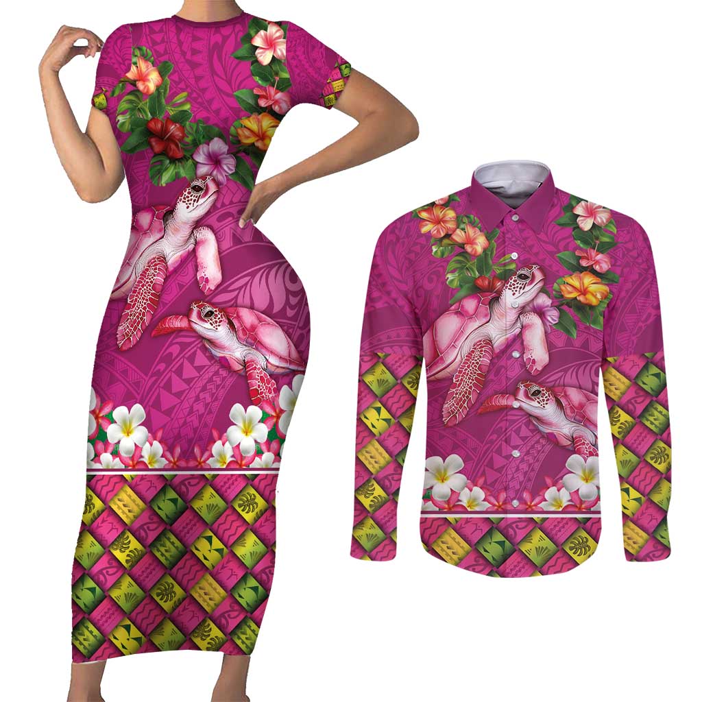 Hawaiian Lei Turtle and Plumeria Couples Matching Short Sleeve Bodycon Dress and Long Sleeve Button Shirt Polynerian Art Tattoo-Plum Pink Color