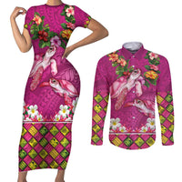 Hawaiian Lei Turtle and Plumeria Couples Matching Short Sleeve Bodycon Dress and Long Sleeve Button Shirt Polynerian Art Tattoo-Plum Pink Color