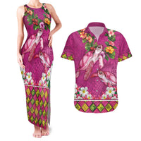 Hawaiian Lei Turtle and Plumeria Couples Matching Tank Maxi Dress and Hawaiian Shirt Polynerian Art Tattoo-Plum Pink Color