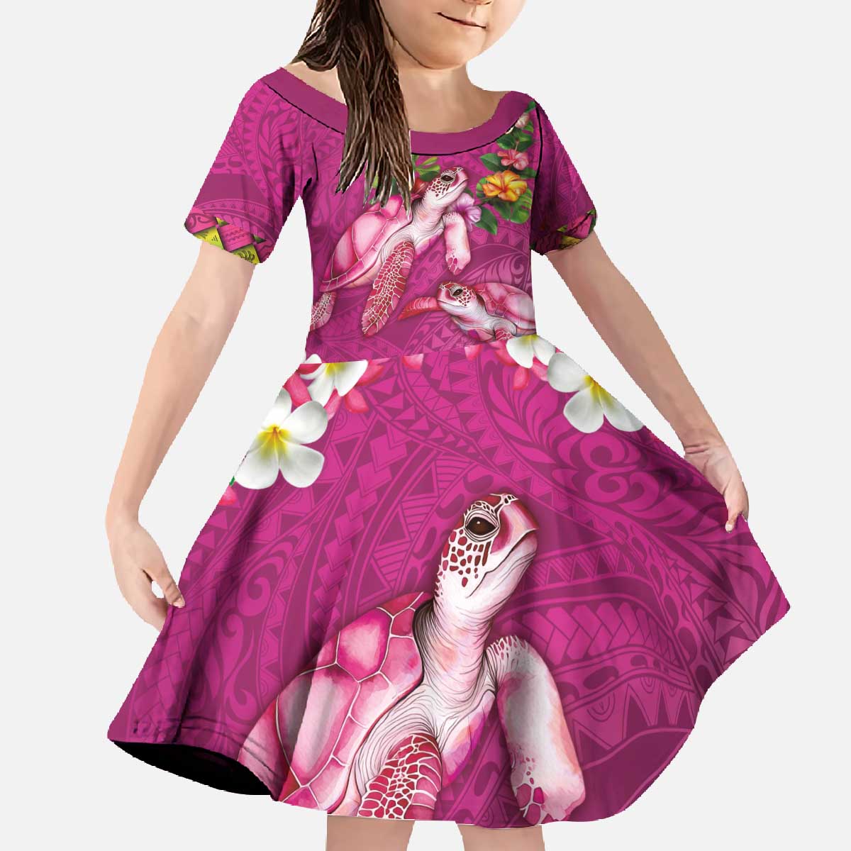 Hawaiian Lei Turtle and Plumeria Family Matching Off The Shoulder Long Sleeve Dress and Hawaiian Shirt Polynerian Art Tattoo-Plum Pink Color