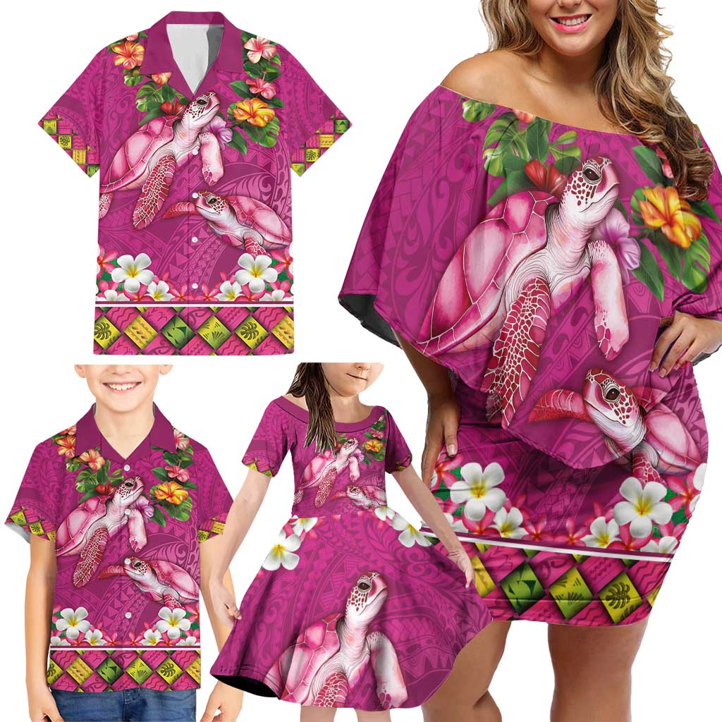 Hawaiian Lei Turtle and Plumeria Family Matching Off Shoulder Short Dress and Hawaiian Shirt Polynerian Art Tattoo-Plum Pink Color