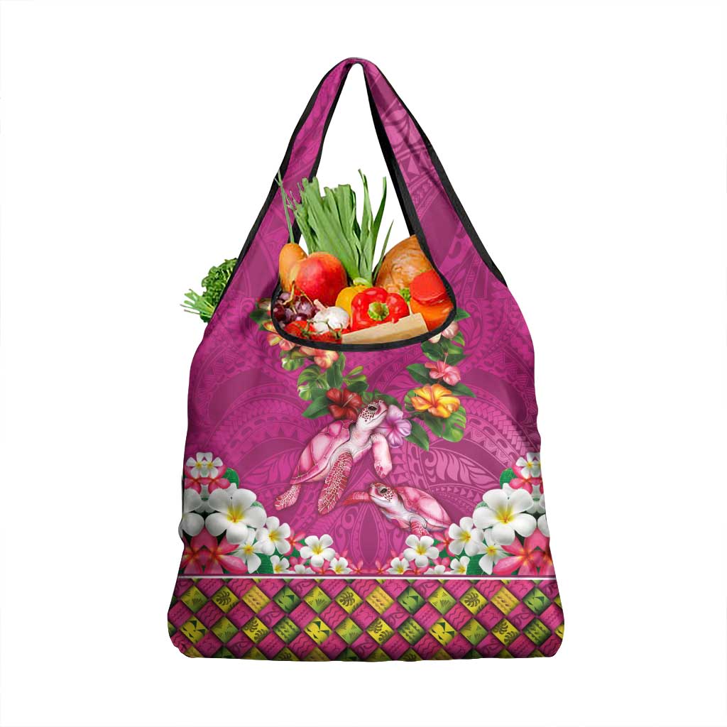 Hawaiian Lei Turtle and Plumeria Grocery Bag Polynerian Art Tattoo-Plum Pink Color