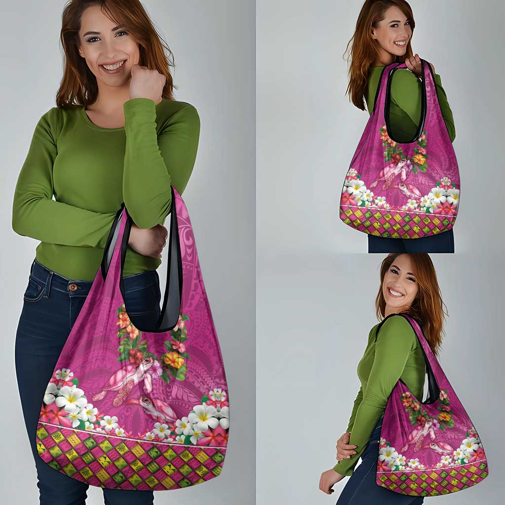 Hawaiian Lei Turtle and Plumeria Grocery Bag Polynerian Art Tattoo-Plum Pink Color