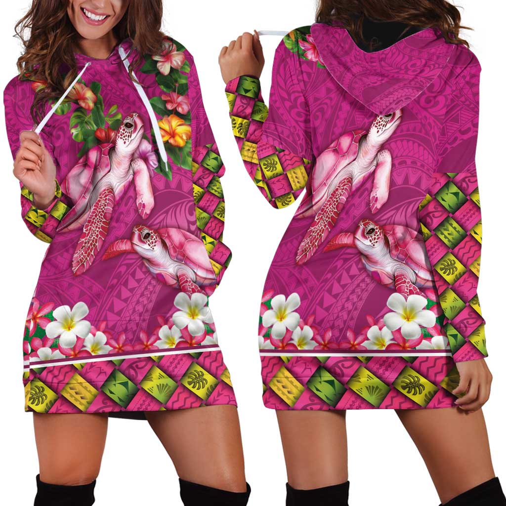 Hawaiian Lei Turtle and Plumeria Hoodie Dress Polynerian Art Tattoo-Plum Pink Color