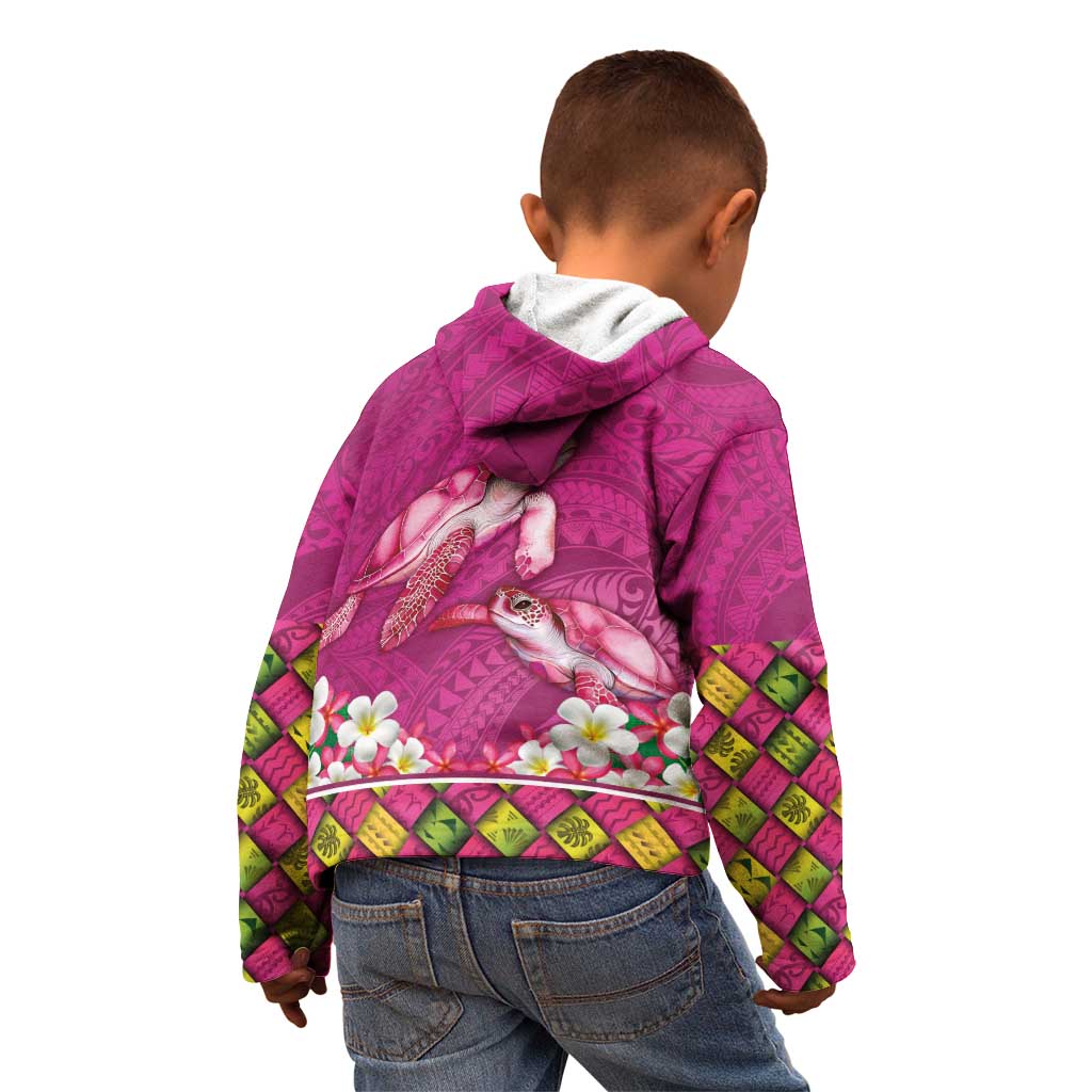 Hawaiian Lei Turtle and Plumeria Kid Hoodie Polynerian Art Tattoo-Plum Pink Color