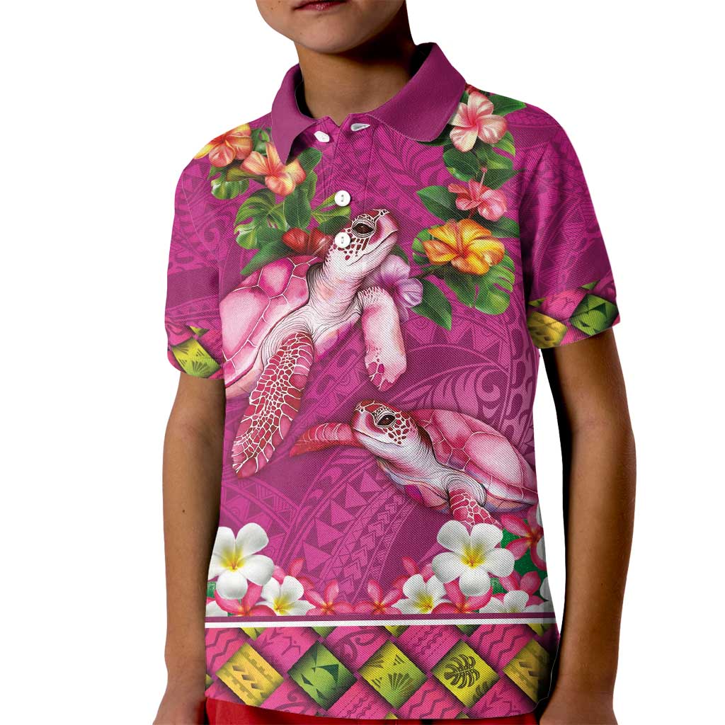 Hawaiian Lei Turtle and Plumeria Kid Polo Shirt Polynerian Art Tattoo-Plum Pink Color