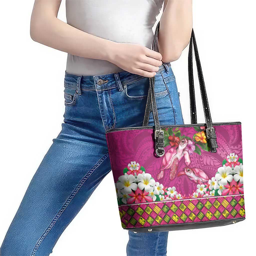 Hawaiian Lei Turtle and Plumeria Leather Tote Bag Polynerian Art Tattoo-Plum Pink Color