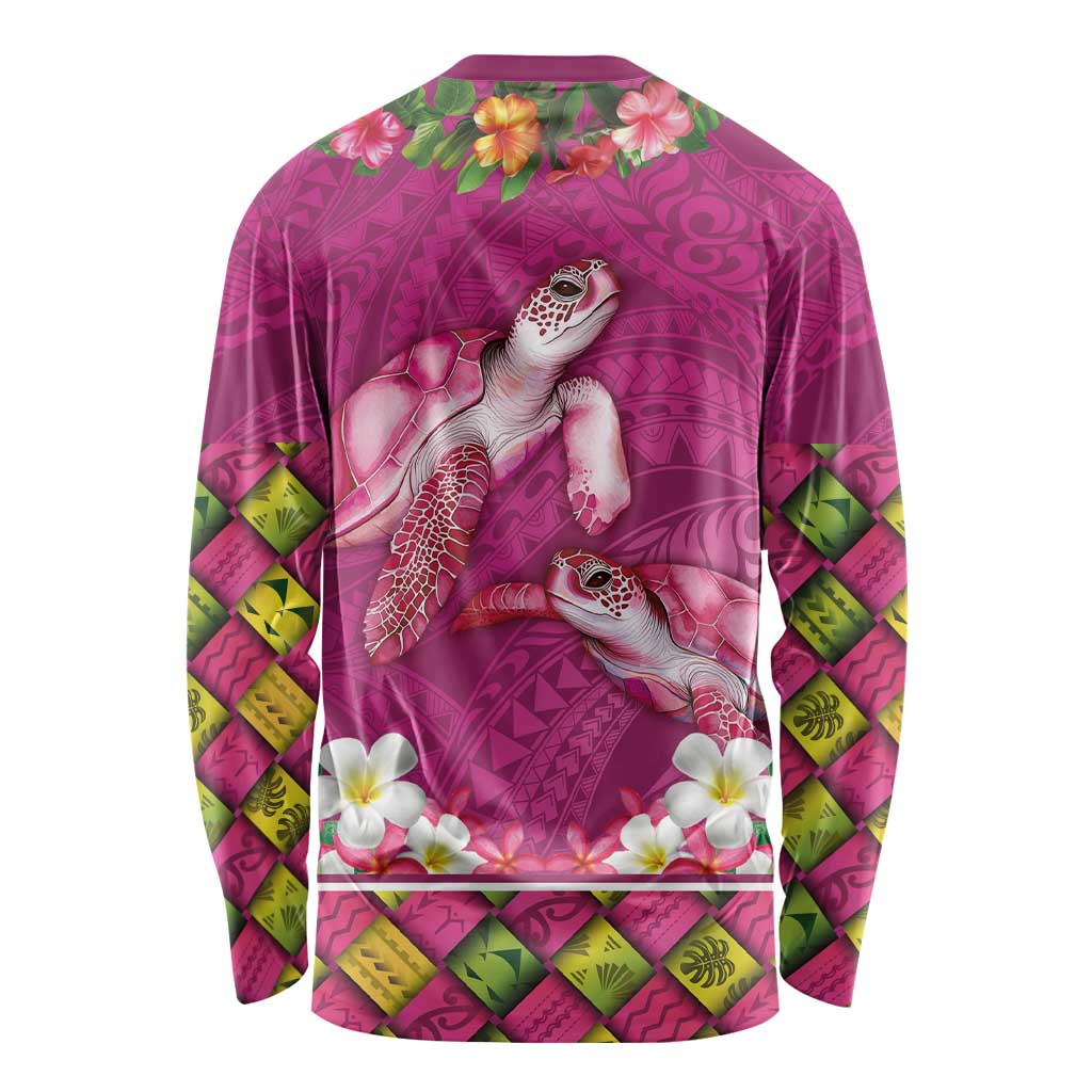 Hawaiian Lei Turtle and Plumeria Long Sleeve Shirt Polynerian Art Tattoo-Plum Pink Color