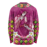 Hawaiian Lei Turtle and Plumeria Long Sleeve Shirt Polynerian Art Tattoo-Plum Pink Color