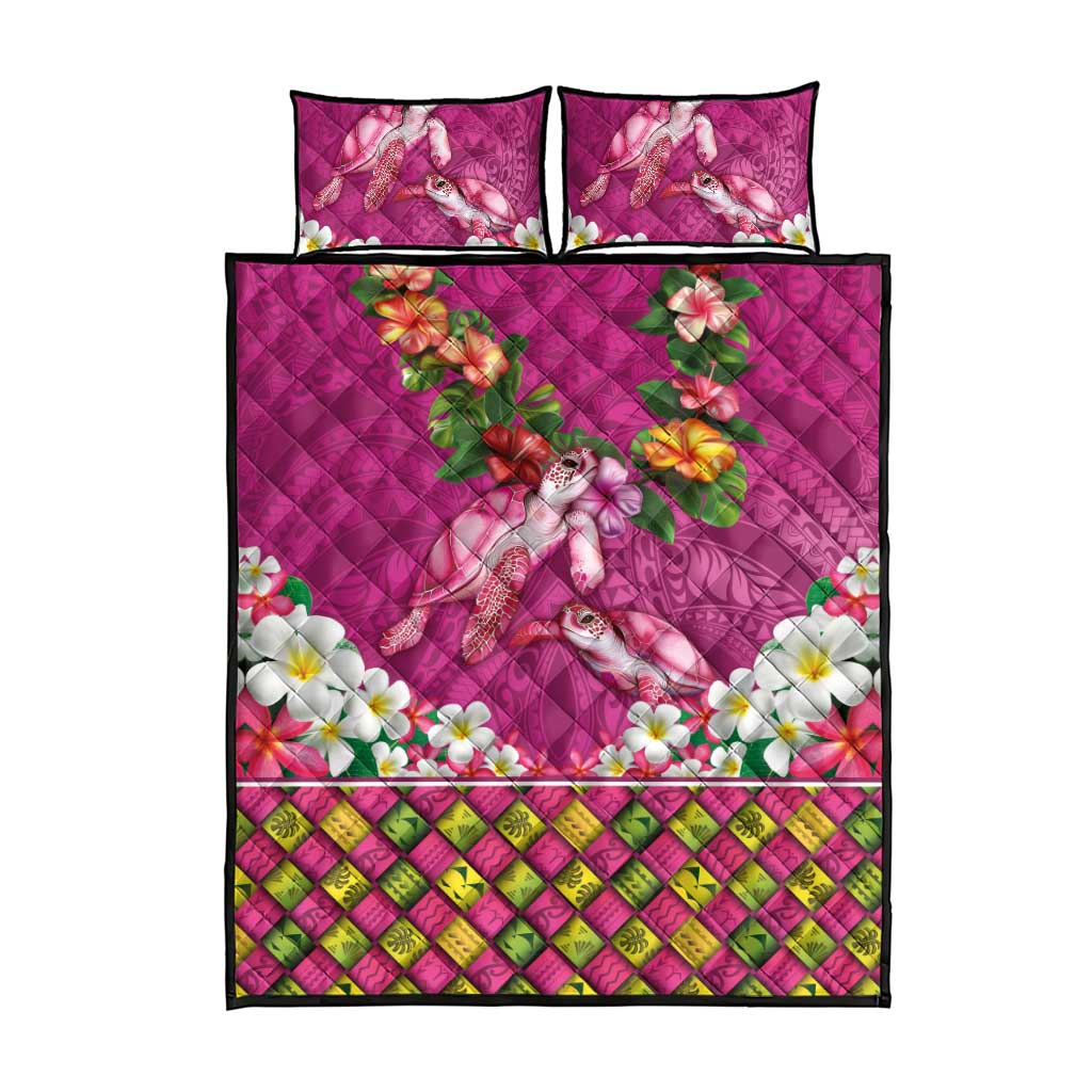 Hawaiian Lei Turtle and Plumeria Quilt Bed Set Polynerian Art Tattoo-Plum Pink Color