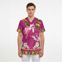 Hawaiian Lei Turtle and Plumeria Scrub Top Polynerian Art Tattoo-Plum Pink Color - Polynesian Pride