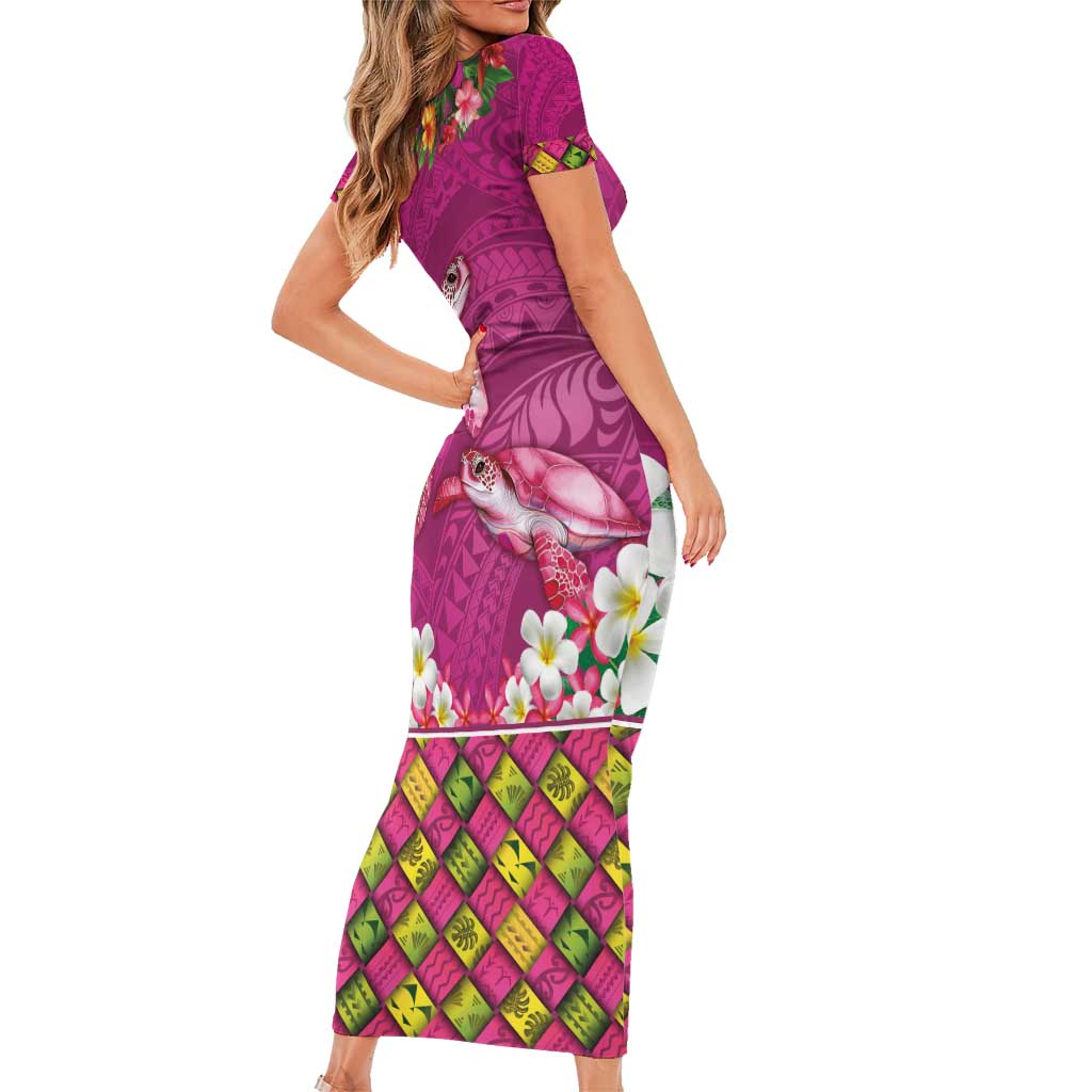 Hawaiian Lei Turtle and Plumeria Short Sleeve Bodycon Dress Polynerian Art Tattoo-Plum Pink Color