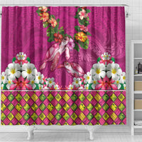 Hawaiian Lei Turtle and Plumeria Shower Curtain Polynerian Art Tattoo-Plum Pink Color