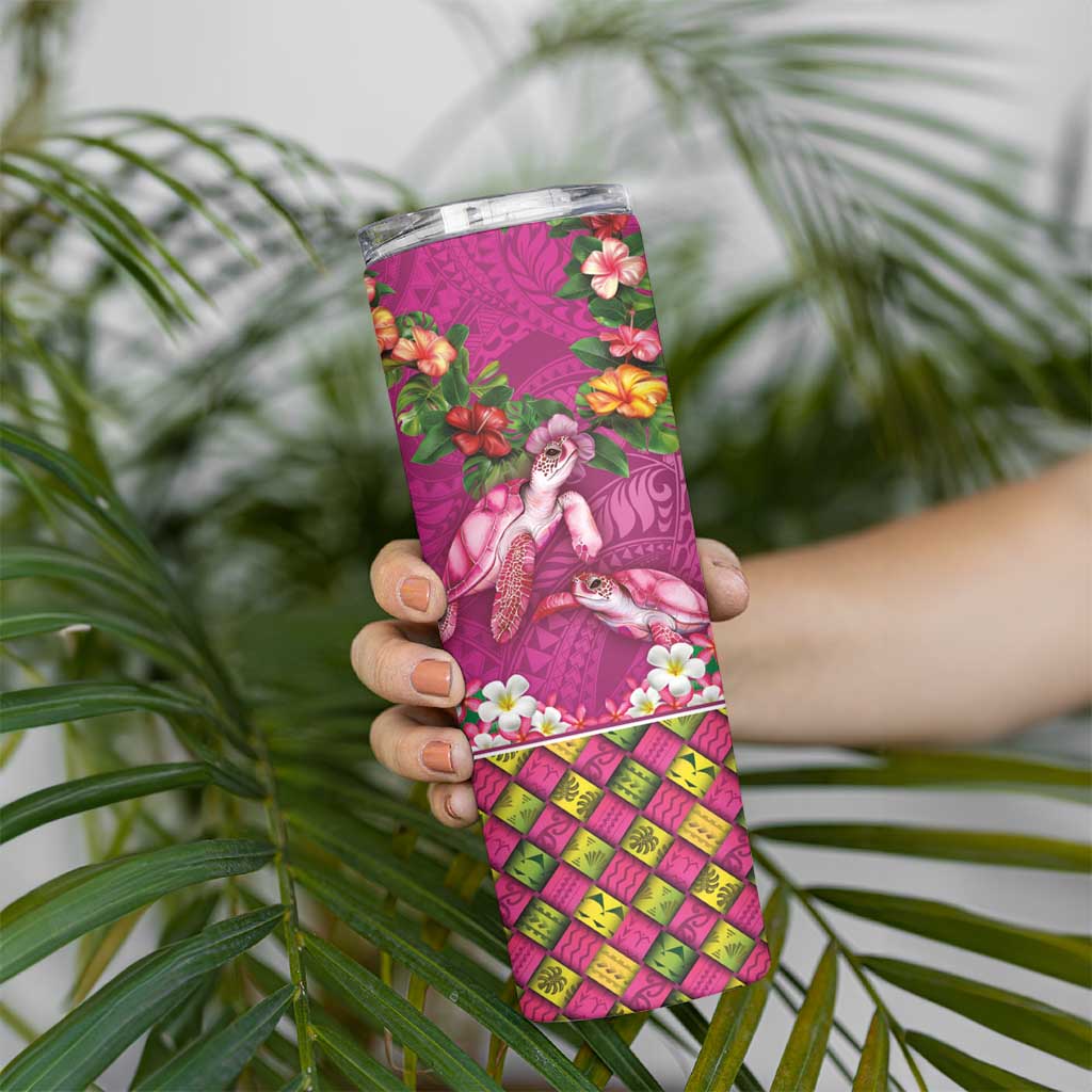 Hawaiian Lei Turtle and Plumeria Skinny Tumbler Polynerian Art Tattoo-Plum Pink Color
