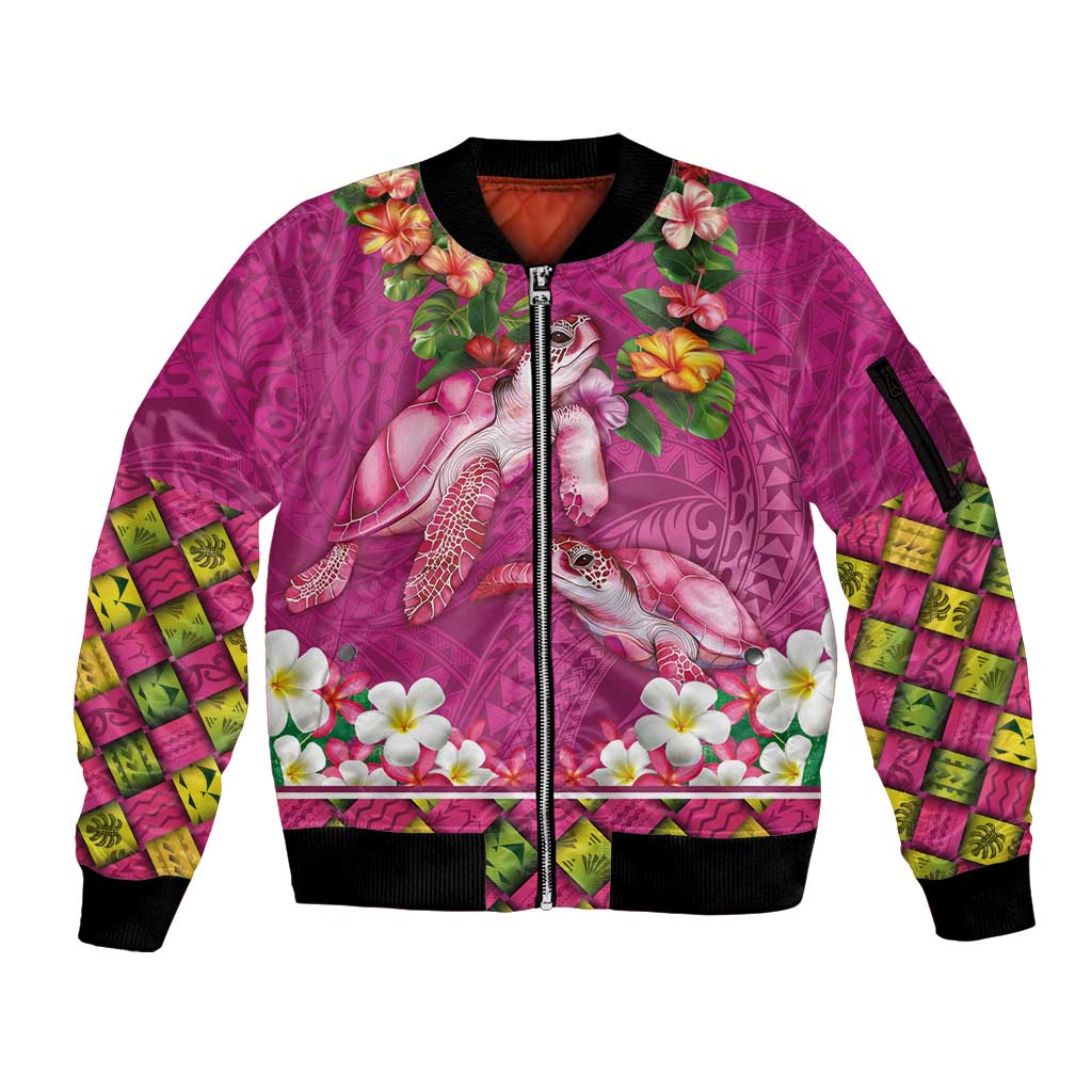 Hawaiian Lei Turtle and Plumeria Sleeve Zip Bomber Jacket Polynerian Art Tattoo-Plum Pink Color