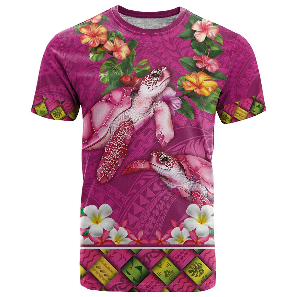 Hawaiian Lei Turtle and Plumeria T Shirt Polynerian Art Tattoo-Plum Pink Color