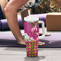 Hawaiian Lei Turtle and Plumeria Tumbler With Handle Polynerian Art Tattoo-Plum Pink Color