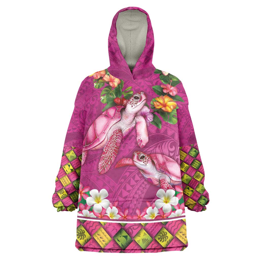 Hawaiian Lei Turtle and Plumeria Wearable Blanket Hoodie Polynerian Art Tattoo-Plum Pink Color